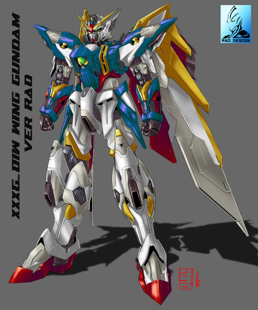 artist_logo character_name clenched_hands green_eyes grey_background gundam gundam_wing highres mecha mechanical_wings no_humans pravin_rao_santheran science_fiction shadow solo standing v-fin wing_gundam wings