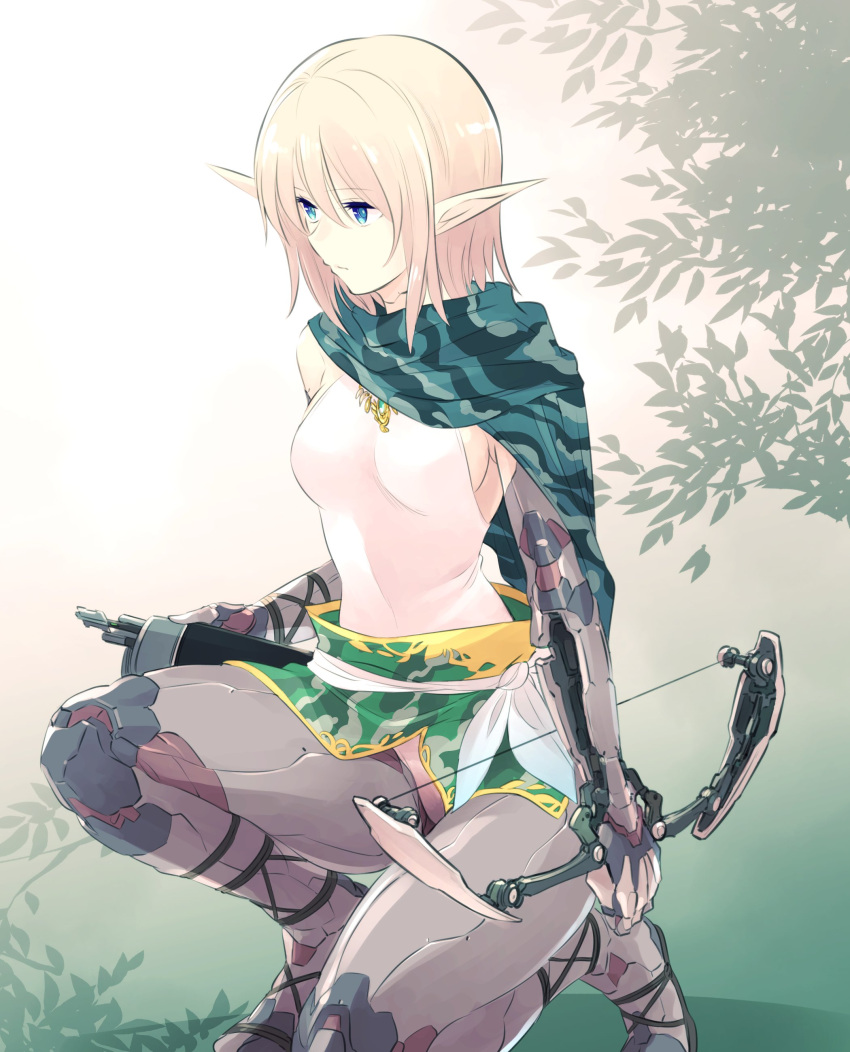 1girl absurdres blonde_hair blue_eyes bow_(weapon) breasts commentary_request crossbow cyborg elf expressionless eyebrows_visible_through_hair fantasy highres ishiyumi kneeling long_pointy_ears original pointy_ears prosthesis prosthetic_arm prosthetic_leg quiver sandals scarf science_fiction sideboob solo weapon
