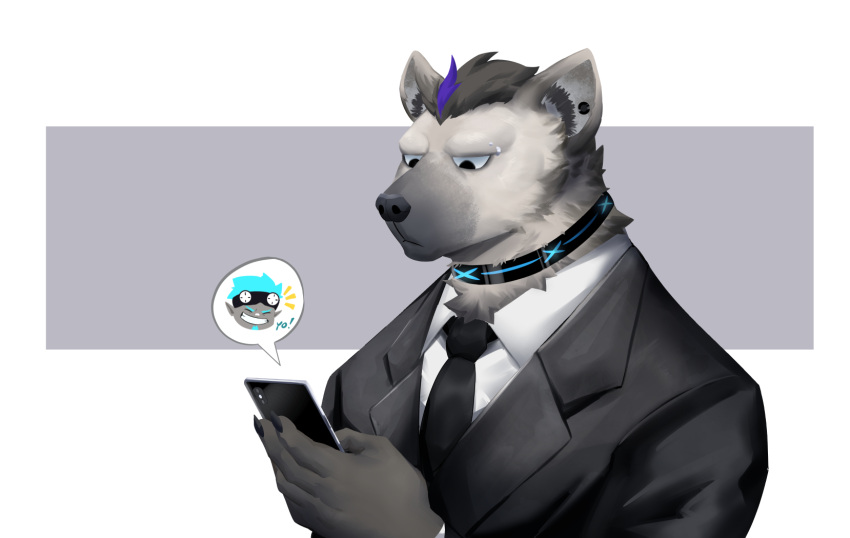 1boy animal_ears arknights black_suit collared_shirt ethan_(arknights) formal frown furry grey_hair highres holding holding_phone jaguar_boy jaguar_ears kou_(ixkouu) male_focus necktie phone shirt short_hair smile solo spot_(arknights) upper_body white_shirt