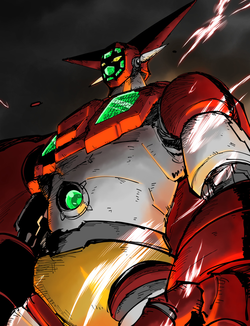 absurdres amakawa_mayu electricity from_below getter-1 getter_robo highres horns huge_filesize looking_ahead mecha no_humans open_hand science_fiction solo super_robot yellow_eyes
