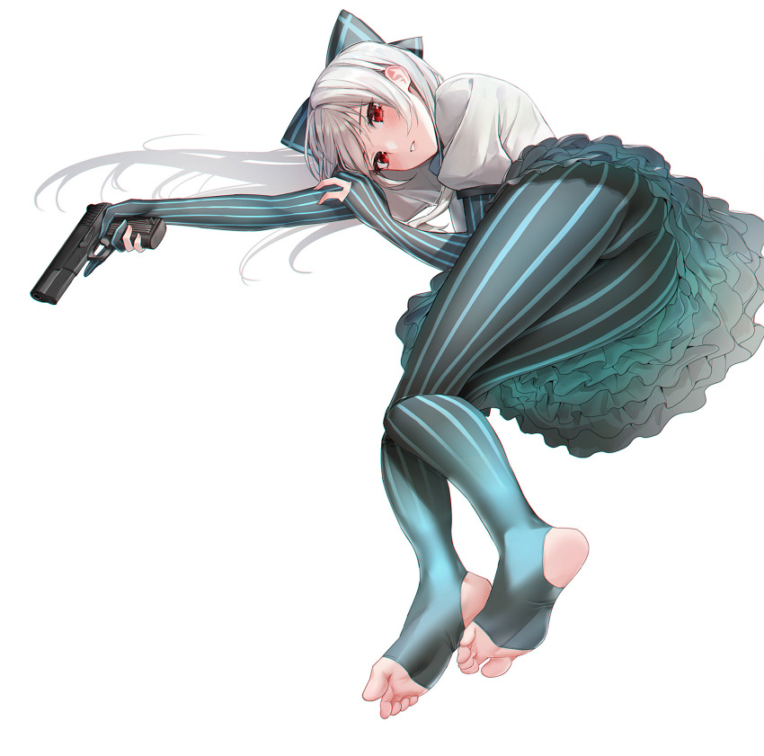 1girl ass bangs blush bow dress feet frilled_dress frills girls_frontline gloves gun hair_bow handgun highres holding holding_gun holding_weapon hyury long_hair looking_at_viewer lying on_side pantyhose partially_fingerless_gloves pinstripe_pattern puffy_short_sleeves puffy_sleeves red_eyes short_sleeves silver_hair simple_background solo stirrup_legwear striped striped_legwear toeless_legwear toes tokarev_(girls_frontline) tokarev_tt-33 vertical-striped_legwear vertical_stripes weapon white_background white_dress