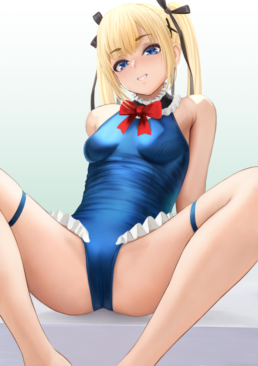 1girl azur_lane black_ribbon blonde_hair blue_leotard breasts commentary_request dead_or_alive dead_or_alive_5 frilled_leotard frilled_swimsuit frills hair_ornament hair_ribbon highres leotard long_hair marie_rose ribbon small_breasts solo spread_legs swimsuit thigh_strap twintails x_hair_ornament yamaneko_(tkdrumsco)