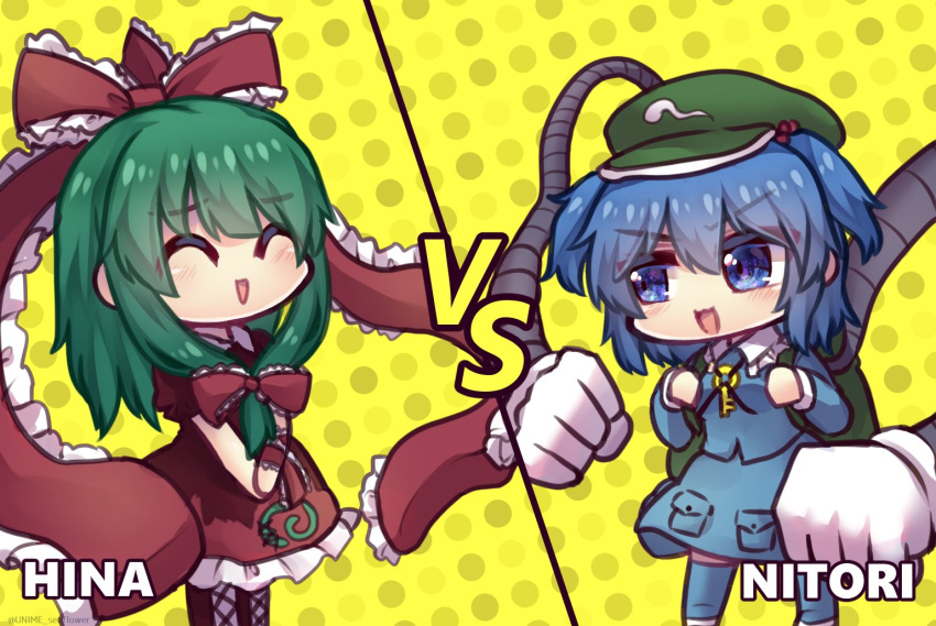 2girls ^_^ arms_(game) backpack bag blue_hair blue_shirt blue_skirt boots bow character_name closed_eyes cross-laced_footwear dress eyebrows_visible_through_hair flat_cap frilled_bow frilled_ribbon frills front_ponytail gloves green_hair green_headwear hair_between_eyes hair_bow hair_ribbon hat kagiyama_hina kawashiro_nitori key long_hair long_sleeves looking_at_another mechanical_arms medium_hair multiple_girls open_mouth polka_dot polka_dot_background red_bow red_dress red_ribbon ribbon shirt skirt smile spiral standing touhou two_side_up unime_seaflower v-shaped_eyebrows v_arms vs white_gloves yellow_background