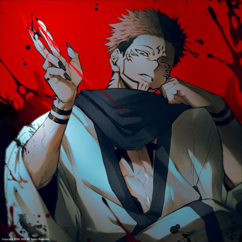 1boy abs absurdres arm_tattoo bare_pecs black_hair black_nails blood blood_splatter chest_tattoo elbow_rest extra_eyes facial_mark facial_tattoo full_body_tattoo highres itadori_yuuji japanese_clothes jujutsu_kaisen kimono male_focus nipples open_clothes open_kimono oss_(oss_suyu) pectorals pink_hair red_eyes red_theme ryoumen_sukuna_(jujutsu_kaisen) short_hair shoulder_tattoo solo spiky_hair stomach tattoo toned toned_male undercut upper_body white_kimono