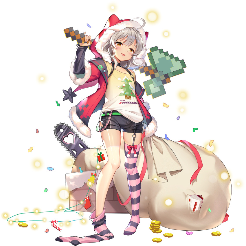 1girl :3 ahoge axe bangs black_shorts blue_oath chainsaw chimney christmas confetti full_body fur-trimmed_jacket fur_trim garter_straps highres hoel_(blue_oath) holding holding_axe holding_weapon hood hood_up jacket long_hair official_art over_shoulder sack shirt shorts silver_hair solo standing star_(symbol) striped striped_legwear t-shirt tan tanline thigh-highs thighhighs_pull tongue torn_sack transparent_background weapon weapon_over_shoulder yellow_eyes