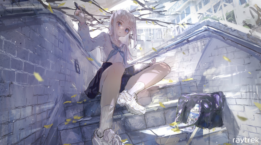 bag blush bottle breasts drawing drawing_tablet dress highres leaf looking_at_viewer medium_hair original roki_(0214278) school_bag school_uniform serafuku shoes skirt small_breasts sneakers socks stairs stylus tree violet_eyes water_bottle white_hair