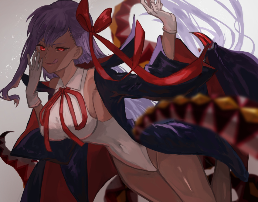 1girl bangs bare_shoulders bat_wings bb_(fate)_(all) bb_(swimsuit_mooncancer)_(fate) black_coat breasts coat dark_skin fate/grand_order fate_(series) gloves hair_ribbon highleg highleg_leotard highres kanikama_jan large_breasts leotard licking_lips long_hair long_sleeves looking_at_viewer neck_ribbon open_clothes open_coat popped_collar purple_hair red_eyes red_ribbon ribbon smile tan tentacles thighs tongue tongue_out vampire_costume very_long_hair white_gloves white_leotard wings