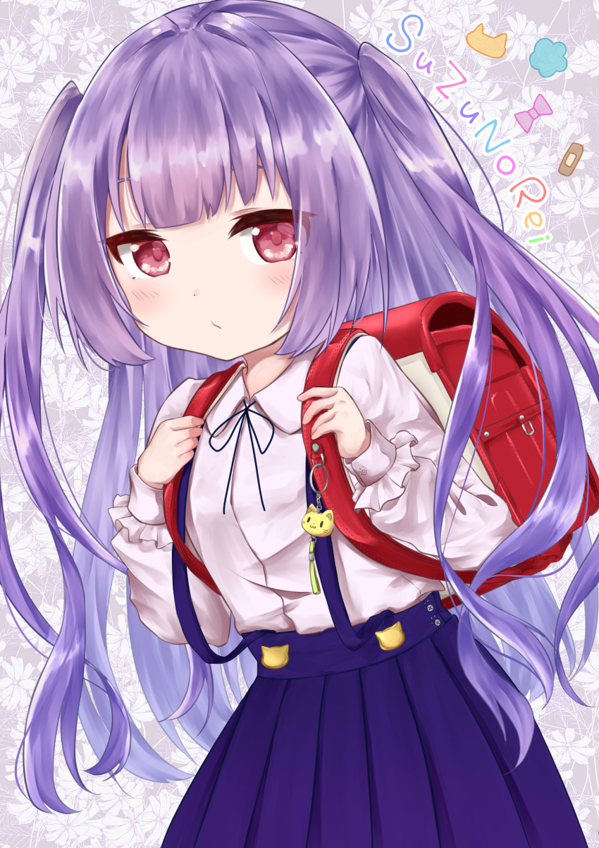 1girl absurdres backpack bag bangs blue_skirt blush breasts child closed_mouth frills hands_up harukasu_(mememememo) highres long_hair looking_at_viewer original purple_hair randoseru red_eyes skirt small_breasts solo student suspender_skirt suspenders twintails white_background
