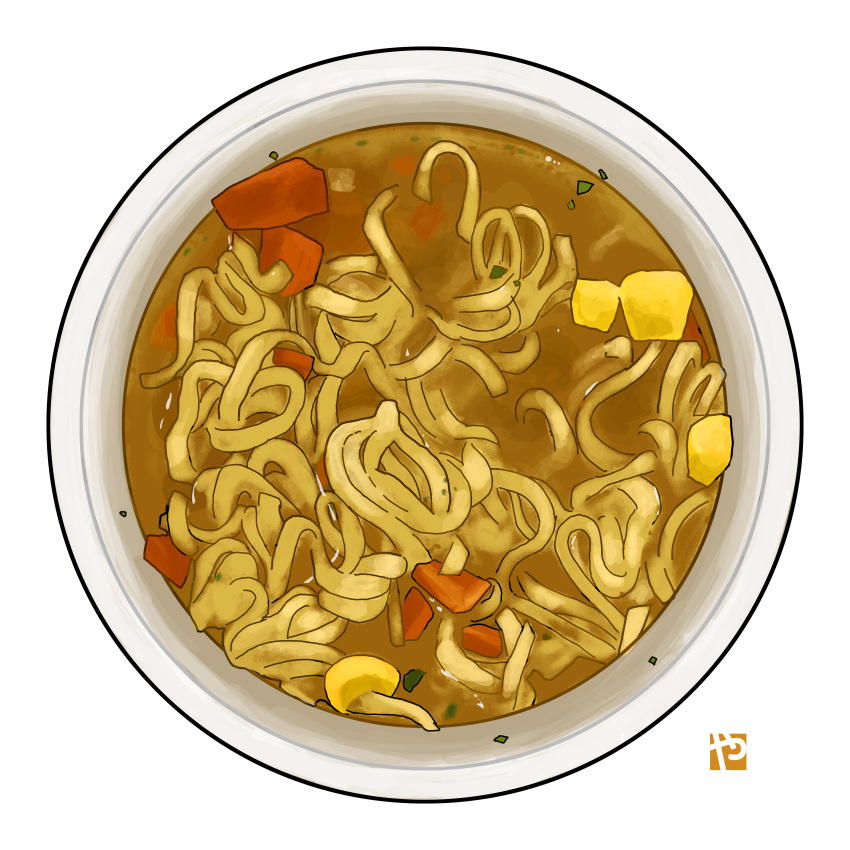 absurdres bowl carrot corn food food_focus garnish highres no_humans noodles original ramen simple_background soup still_life studiolg vegetable white_background