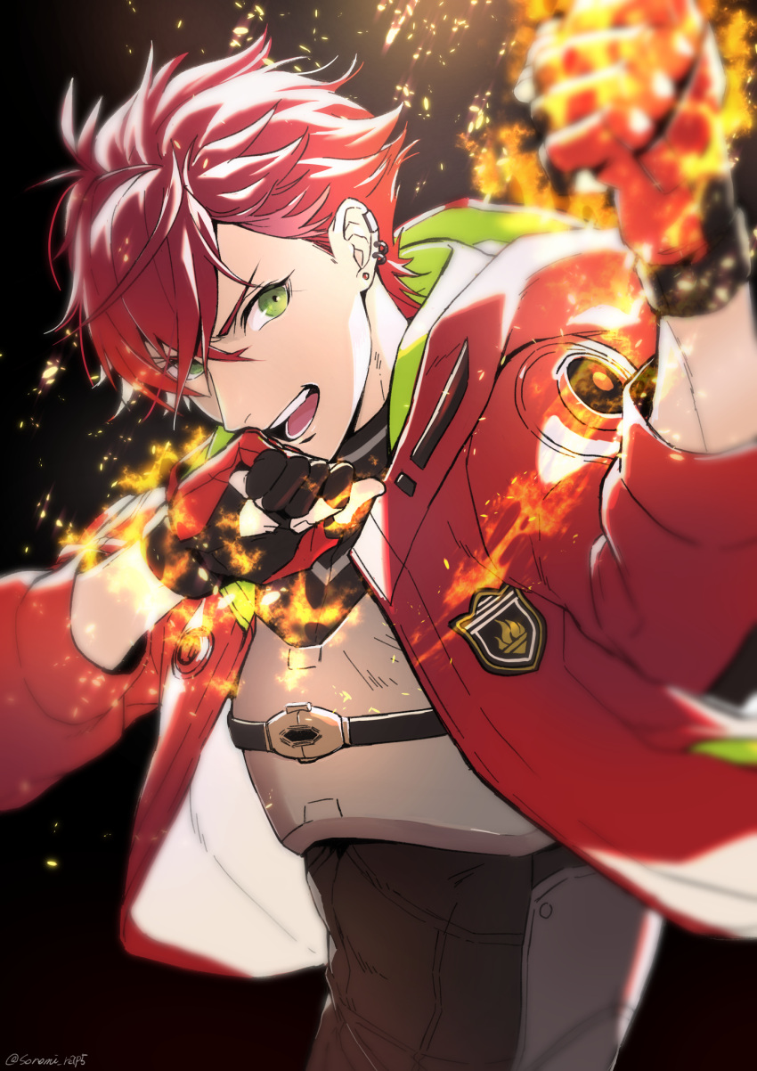 1boy artist_name black_gloves chest_guard chest_strap clenched_hands commentary_request ear_piercing earrings embers fingerless_gloves fire gloves green_eyes hands_up helios_rising_heroes highres hood hood_down hooded_jacket jacket jewelry male_focus open_mouth otori_akira piercing pyrokinesis red_gloves red_jacket redhead short_hair sideways_glance signature sleeves_past_elbows solo sonomi upper_body