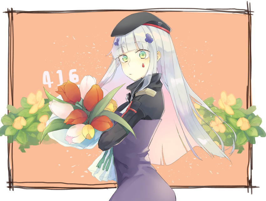 1girl 416_day beret black_headwear bouquet facial_hair flower from_side girls_frontline green_eyes hair_ornament hat highres hk416_(girls_frontline) holding holding_bouquet light_blush long_hair looking_at_viewer sakana-ko silver_hair solo straight_hair teardrop