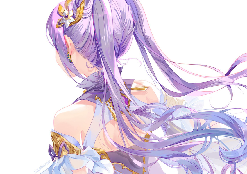 1girl back bare_shoulders blue_hair commentary detached_sleeves double_bun earrings faceless facing_away genshin_impact gradient_hair hair_ornament highres jewelry keqing_(genshin_impact) long_hair lulu_season multicolored_hair purple_hair purple_sleeves sidelocks simple_background solo tagme twintails upper_body wavy_hair white_background