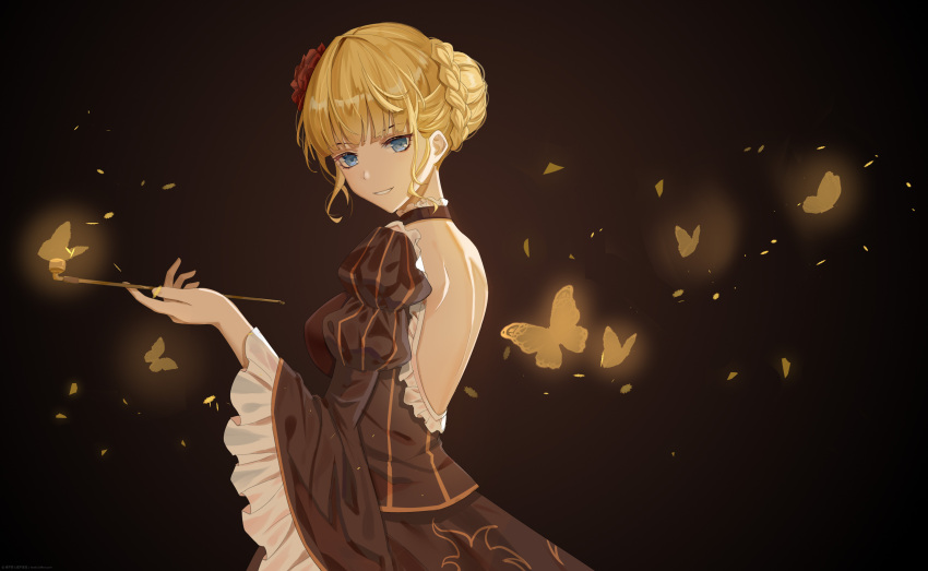 1girl absurdres backless_dress backless_outfit beatrice_(umineko) blonde_hair blue_eyes brown_background brown_dress bug butterfly choker dress flower frilled_choker frilled_sleeves frills hair_flower hair_ornament highres holding holding_pipe insect juliet_sleeves long_sleeves pipe puffy_sleeves red_flower smile solo striped teatix umineko_no_naku_koro_ni vertical_stripes visible_ears wide_sleeves