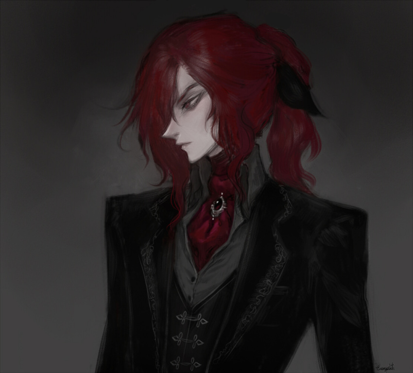1boy black_jacket brooch brown_background formal hair_over_one_eye jacket jewelry male_focus nat_the_lich original pointy_nose ponytail red_eyes redhead renard_beauchene_(nat_the_lich) signature solo suit upper_body