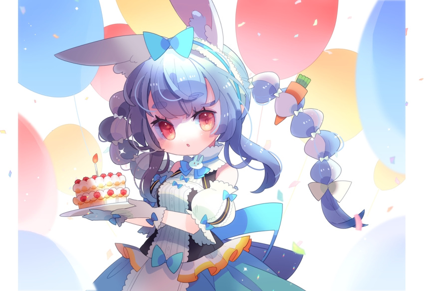 1girl :o alternate_costume animal_ear_fluff animal_ears balloon bangs bare_shoulders blue_bow blue_hair blue_neckwear blue_ribbon blue_skirt blush bow bow_hairband braid breasts cake candle center_frills commentary_request confetti detached_sleeves dress eyebrows_visible_through_hair fire flame food frilled_hairband frills gloves hair_bow hair_ornament hairband holding hololive long_hair looking_at_viewer multicolored_hair parted_lips pillarboxed puffy_short_sleeves puffy_sleeves rabbit_ears red_eyes ribbon short_sleeves skirt sleeveless solo sparkle symbol_commentary thick_eyebrows translucent_hair twin_braids twintails usada_pekora virtual_youtuber yokoe_(mealtime)