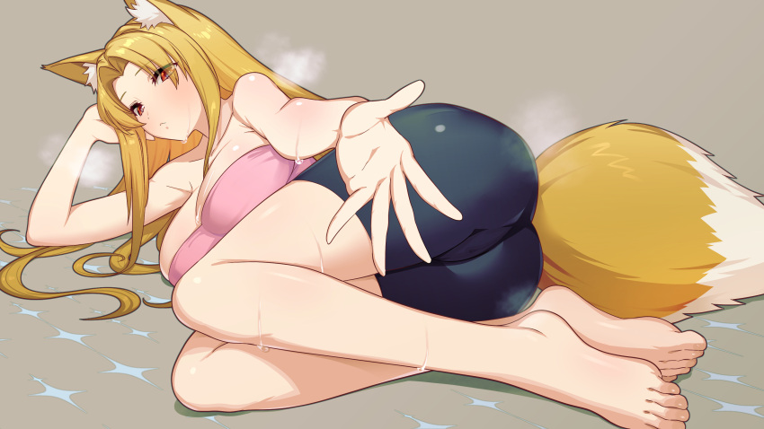 1girl :&lt; absurdres animal_ear_fluff animal_ears bare_shoulders barefoot blonde_hair blush breasts character_request commentary_request copyright_request fox_ears fox_tail green322 grey_background highres large_breasts long_hair lying on_side outstretched_arm pink_shirt red_eyes shirt shorts simple_background solo steam strapless sweat tail thighs