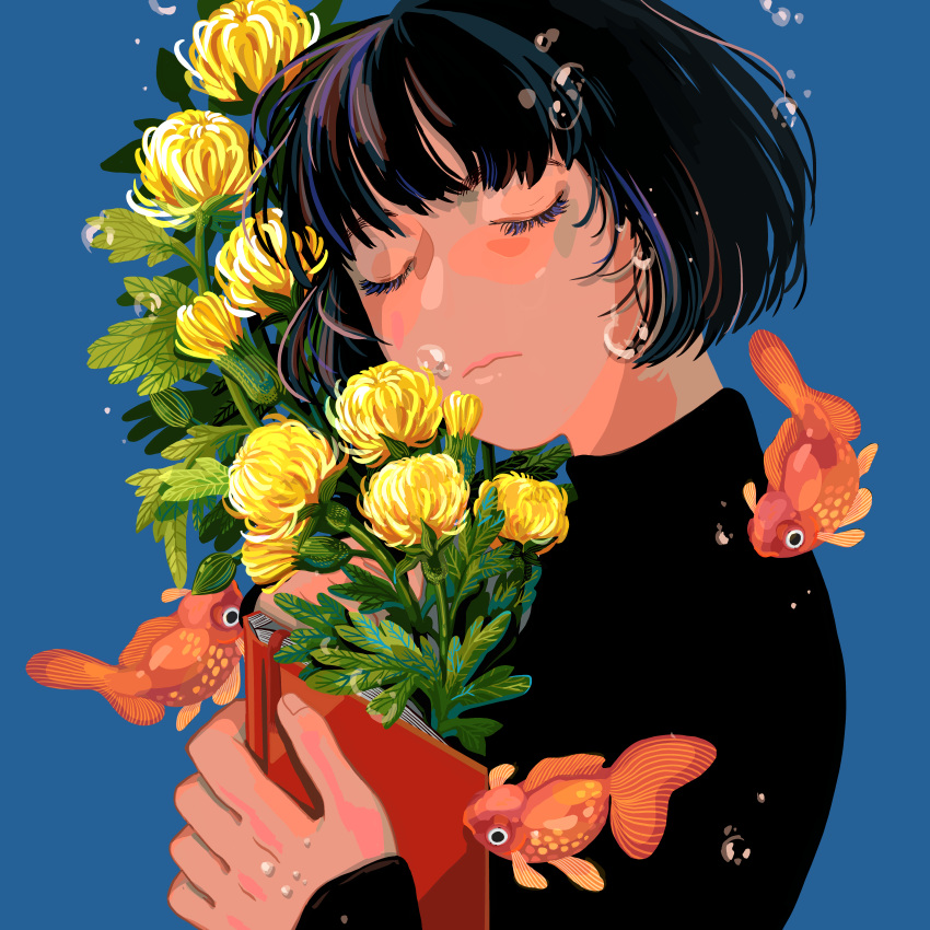 1girl absurdres acupictura bangs black_hair black_shirt blue_background bubble closed_eyes dandelion fish flower goldfish highres holding holding_flower leaf original shirt short_hair solo upper_body yellow_flower