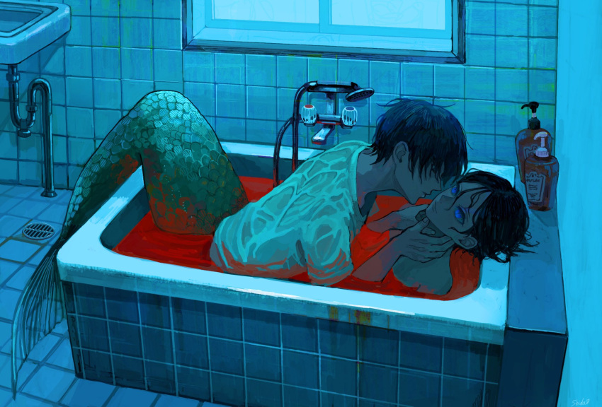 2boys bathroom bathtub black_eyes black_hair blood bloody_clothes blue_eyes bottle closed_mouth drain_(object) fingernails hands_on_another's_neck highres indoors looking_at_another male_focus merman monster_boy multiple_boys original parted_lips partially_submerged scales shida_7 sink slit_pupils tile_floor tile_wall tiles wet wet_clothes window