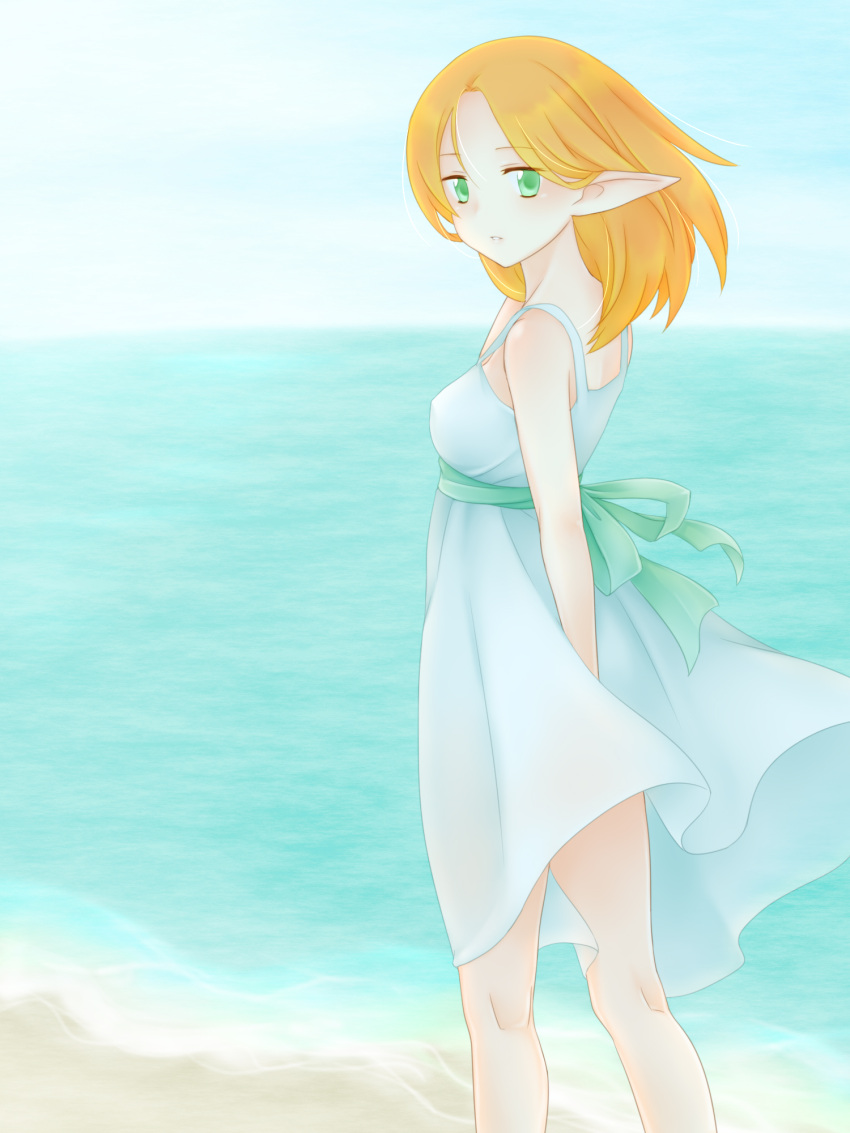 1girl alternate_costume alternate_hair_length alternate_hairstyle beach blue_dress blue_sky breasts commentary_request day dress elf gensou_suikoden gensou_suikoden_iv green_eyes ham_pon highres long_dress looking_at_viewer looking_back medium_breasts ocean orange_hair outdoors paula_(suikoden) pointy_ears sky sleeveless sleeveless_dress solo sundress