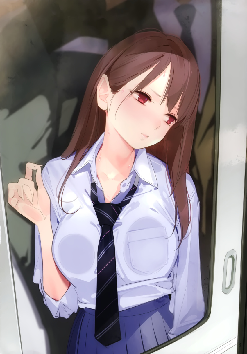 1girl absurdres against_glass ama_mitsuki breast_press breasts brown_hair closed_mouth fingernails head_tilt highres large_breasts long_fingernails long_hair necktie non-web_source original pleated_skirt red_eyes scan school_uniform single_sidelock skirt solo_focus sweat