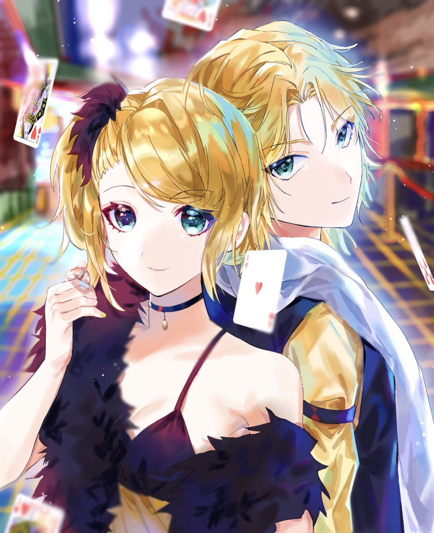 1boy 1girl ace_of_hearts aqua_eyes back-to-back bare_shoulders black_shawl blonde_hair blurry blurry_background card casino commentary falling_card fur_shawl highres ikasama_casino_(vocaloid) jack_of_hearts kagamine_len kagamine_rin king_of_hearts_(card) looking_at_viewer looking_back mikannoana playing_card queen_of_hearts_(card) shirt short_hair short_ponytail smile upper_body vest vocaloid yellow_nails yellow_shirt