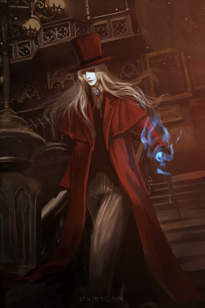 1boy absurdres blonde_hair blue_eyes blue_fire cornelius_alba fire hat highres jacket kara_no_kyoukai long_coat long_hair male_focus red_jacket saber_ruri solo top_hat