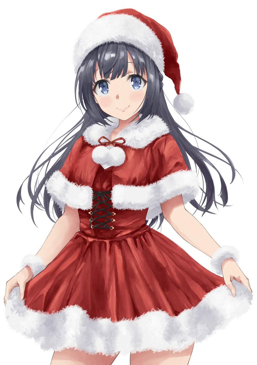 1girl absurdres anno_masato bangs black_eyes black_hair capelet christmas closed_mouth commentary cowboy_shot dress eyebrows_visible_through_hair fur-trimmed_capelet fur_cuffs fur_trim hat highres long_hair looking_at_viewer makinohara_shouko red_capelet red_dress red_headwear santa_costume santa_dress santa_hat seishun_buta_yarou simple_background skirt_hold smile solo standing white_background