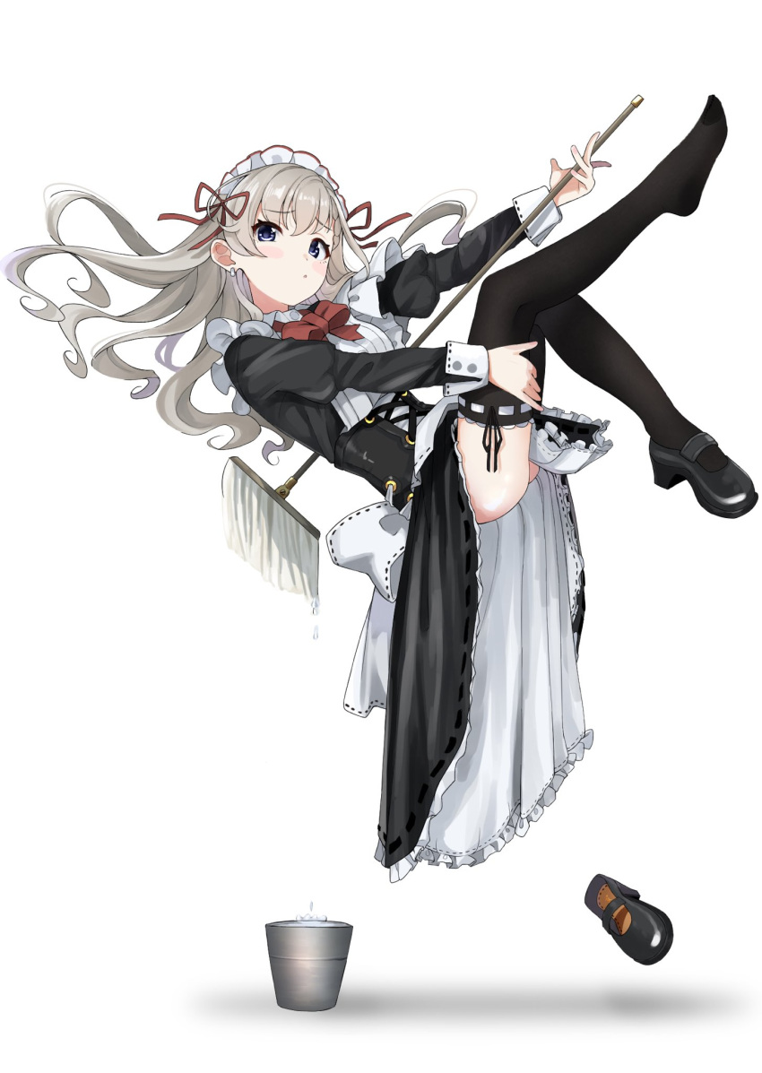 1girl :o alternate_costume apron bangs black_dress black_footwear black_legwear blue_eyes bucket commentary_request dress enmaided eyebrows_visible_through_hair floating frilled_dress frills full_body grey_hair hair_between_eyes highres hisakawa_hayate holding idolmaster idolmaster_cinderella_girls idolmaster_cinderella_girls_starlight_stage juliet_sleeves long_hair long_sleeves looking_at_viewer maid maid_headdress mary_janes midair mop parted_lips puffy_sleeves ribbon-trimmed_legwear ribbon_trim shadow shiwa_(siwaa0419) shoe_removed shoes single_shoe solo thigh-highs white_apron white_background