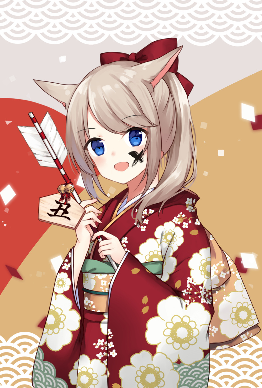 1girl :d animal_ear_fluff animal_ears arrow_(projectile) bell blue_eyes blush bow brown_hair ema facepaint floral_print hair_bow hamaya highres holding holding_arrow japanese_clothes jingle_bell kimono kinatsu_ship long_sleeves looking_at_viewer obi open_mouth original ponytail print_kimono red_bow red_kimono sash sleeves_past_wrists smile solo wide_sleeves