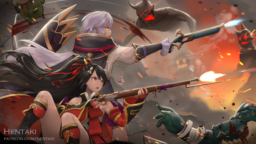 2girls bandaged_arm bandages bangs bare_shoulders black_cape black_footwear black_gloves black_hair boots cape commentary detached_sleeves dragalia_lost english_commentary eyebrows_visible_through_hair fingerless_gloves firing gloves gun hair_between_eyes hentaki holding holding_gun holding_weapon knee_boots long_hair long_sleeves looking_away looking_to_the_side monster multiple_girls nobunaga_(dragalia_lost) open_mouth outdoors ponytail puffy_long_sleeves puffy_sleeves red_eyes red_gloves rifle shirt silver_hair smoke v-shaped_eyebrows very_long_hair weapon white_shirt wide_sleeves yellow_eyes yoshitsune_(dragalia_lost)