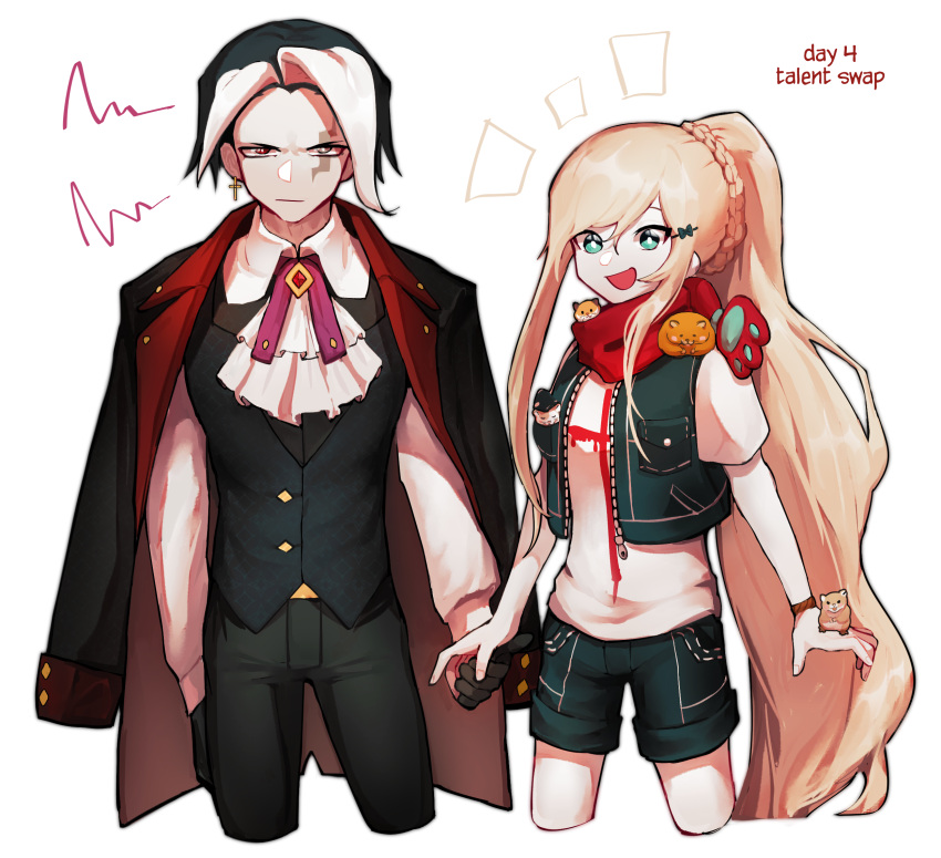 1boy 1girl :d alternate_costume animal arm_at_side barry_nah black_gloves black_jacket black_shorts blonde_hair braid clothing_request cropped_jacket cropped_legs dangan_ronpa_(series) dangan_ronpa_2:_goodbye_despair earrings expressionless gloves green_eyes half-closed_eyes hamster happy heterochromia highres holding_hands jacket jacket_on_shoulders jewelry long_hair looking_at_viewer multicolored_hair open_mouth pants ponytail print_shirt red_scarf scarf shirt shorts simple_background sleeveless sleeveless_jacket smile sonia_nevermind tanaka_gandamu two-tone_hair white_background white_hair white_shirt