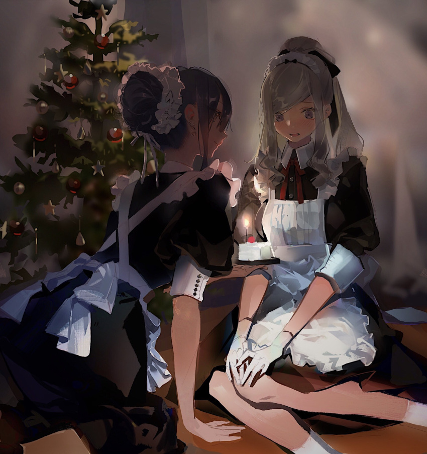 2girls alternate_costume blurry blurry_background blush brown_eyes brown_hair cake candle christmas closed_mouth dress earrings enmaided food fruit gloves heart heart_earrings highres holding holding_plate jewelry long_hair maid maid_headdress multiple_girls open_mouth original pinafore_dress plate purple_hair red_neckwear sketch sleeves_rolled_up smile socks soungruan_mian_mao strawberry violet_eyes white_legwear white_sleeves