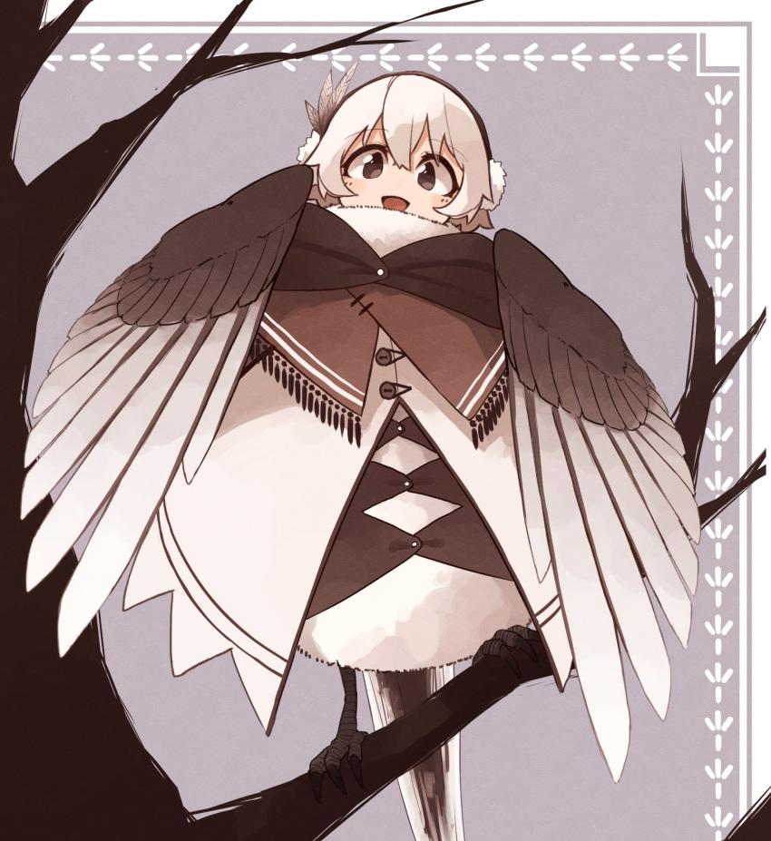 1girl bird_legs bird_tail black_eyes branch brown_feathers commentary_request dress earmuffs eyebrows_visible_through_hair feathered_wings feathers hair_feathers harpy highres kaginoni monster_girl open_mouth original short_hair solo talons white_feathers white_hair winged_arms wings