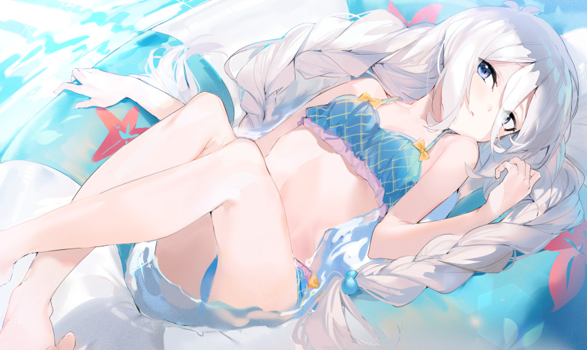 1girl afloat aida_(chinhung0612) bare_arms bare_legs bare_shoulders bikini blue_bikini blue_eyes bow braid feet_out_of_frame hair_between_eyes hair_bobbles hair_ornament highres innertube kokkoro_(princess_connect!) kokkoro_(real)_(princess_connect!) long_hair midriff multiple_braids parted_lips partially_submerged princess_connect! princess_connect!_re:dive solo sparkle swimsuit twin_braids twintails very_long_hair water white_hair yellow_bow