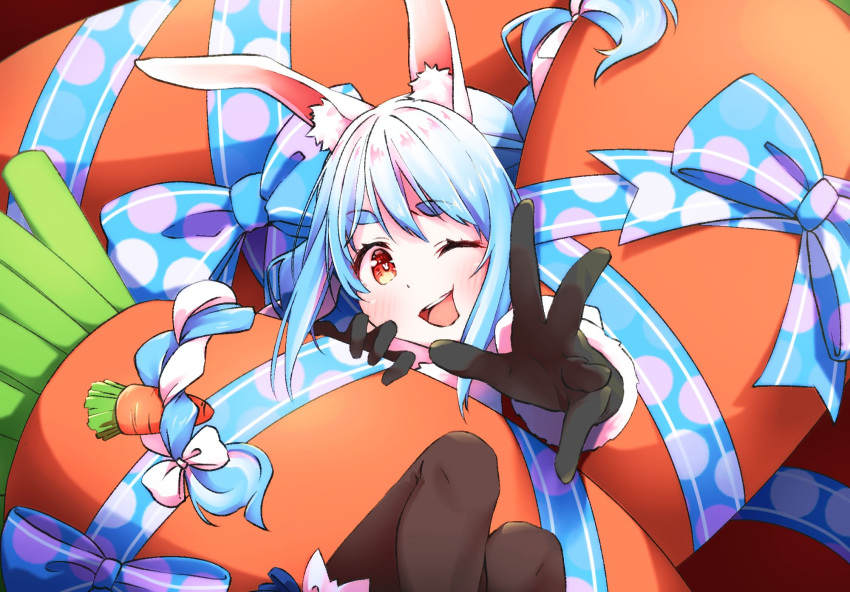 1girl :d ;d animal_ear_fluff animal_ears bangs black_gloves black_legwear blue_hair blush bow braid carrot carrot_hair_ornament coat commentary_request eyebrows_visible_through_hair food_themed_hair_ornament fur-trimmed_gloves fur_trim gloves hair_bow hair_ornament highres hololive long_hair looking_at_viewer meru_corone multicolored_hair one_eye_closed open_mouth orange_background orange_eyes pantyhose rabbit_ears reaching_out red_eyes smile symbol_commentary symbol_in_eye thick_eyebrows tongue twin_braids two-tone_hair upper_teeth usada_pekora v virtual_youtuber white_bow white_coat white_hair