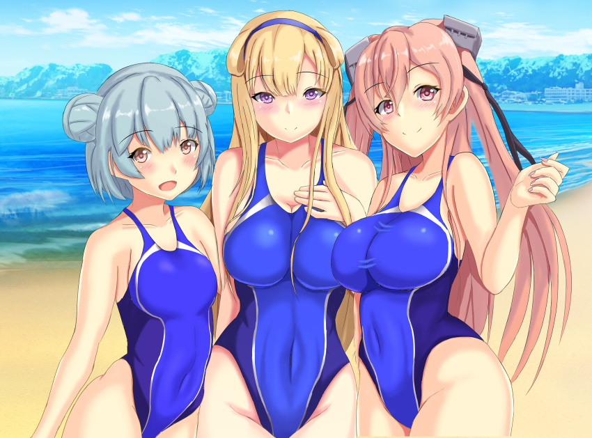 3girls alternate_breast_size beach blonde_hair blue_swimsuit brown_eyes competition_swimsuit double_bun fletcher_(kantai_collection) headband highleg highleg_swimsuit highres johnston_(kantai_collection) kantai_collection long_hair montemasa multiple_girls one-piece_swimsuit samuel_b._roberts_(kantai_collection) short_hair swimsuit tagme twintails violet_eyes