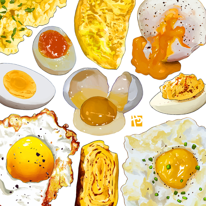 broken_egg chili_powder deviled_egg egg egg_yolk eggshell food food_focus fried_egg garnish hardboiled_egg no_humans omelet original pepper scrambled_egg simple_background softboiled_egg spring_onion still_life studiolg sunny_side_up_egg white_background