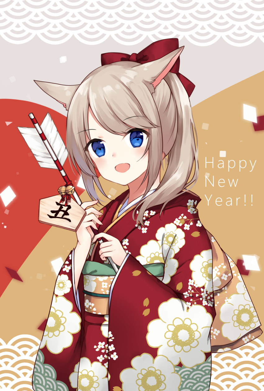 1girl :d animal_ear_fluff animal_ears arrow_(projectile) bell blue_eyes blush bow brown_hair commentary_request ema floral_print hair_bow hamaya happy_new_year highres holding holding_arrow japanese_clothes jingle_bell kimono kinatsu_ship long_sleeves looking_at_viewer new_year obi open_mouth original ponytail print_kimono red_bow red_kimono sash sleeves_past_wrists smile solo wide_sleeves