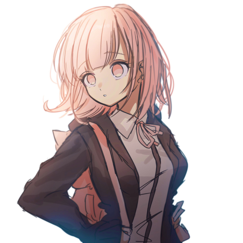 1girl :o backpack bag bangs black_jacket collared_shirt commentary_request dangan_ronpa_(series) dangan_ronpa_2:_goodbye_despair eyebrows_visible_through_hair highres hood hood_down jacket long_sleeves looking_to_the_side mdr_(mdrmdr1003) medium_hair nanami_chiaki neck_ribbon pink_eyes pink_hair pink_ribbon ribbon shirt simple_background sketch solo teeth upper_body white_background white_shirt