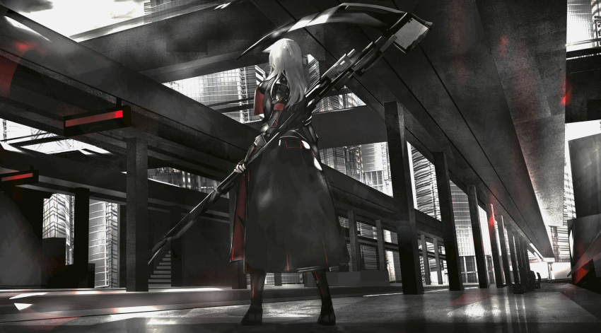 1girl 3d animal_ears bridge building clouds highres holding holding_scythe holding_weapon long_hair original outdoors reflection reverse_grip scenery science_fiction scythe solo stairs standing tuda6 weapon white_hair