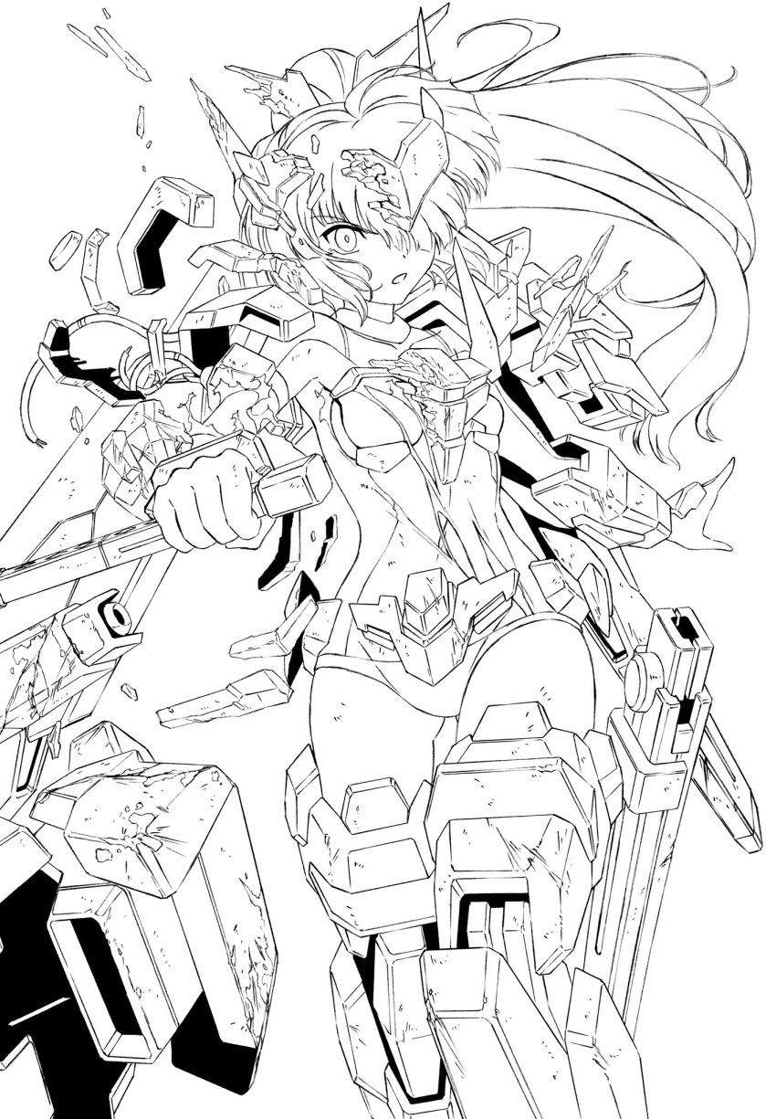1girl commentary_request gloves greyscale headgear high_ponytail highres holding holding_sword holding_weapon kumichou_(ef65-1118-ef81-95) lineart long_hair looking_at_viewer mecha_musume mechanical_legs monochrome original shattered sheath solo sword thighs torn_clothes vambraces weapon white_background