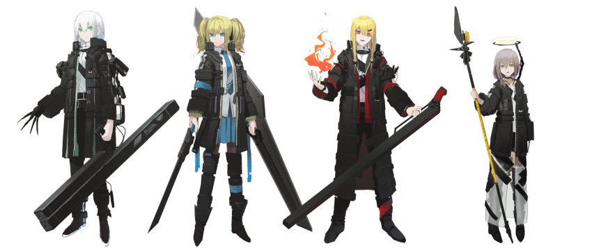 4000xl_linear_accellerator_gun 4girls absurdres asteroid_ill belt black_coat black_legwear black_pants blonde_hair blue_eyes boots bracelet brown_hair choker claws clouds coat cornea_(asteroid_ill) dual_wielding expressionless fire flame full_body green_eyes hair_ornament hair_ribbon hairclip hairpin high_collar highres holding holding_spear holding_sword holding_weapon huge_weapon iris_(asteroid_ill) iz_(asteroid_ill) jacket jewelry long_hair long_sleeves looking_at_viewer mechanical_arm mechanical_halo multiple_girls necktie neon_trim number numbered open_clothes open_coat open_hand open_mouth original pants polearm red_eyes ribbon sclera_(asteroid_ill) see-through serious shirt simple_background skirt smile spear standing straight_hair sword thigh-highs thigh_boots twintails weapon white_background white_hair white_shirt wide_sleeves wire yellow_eyes zipper
