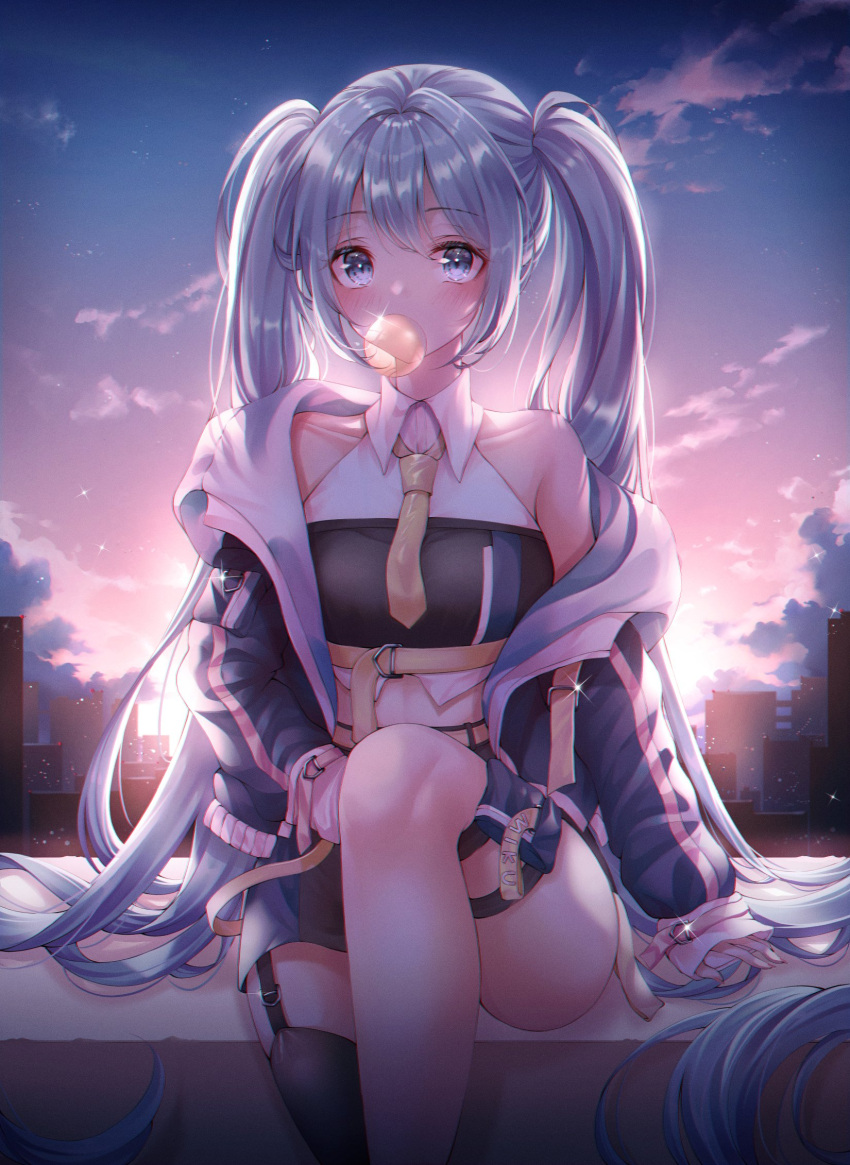 1girl backlighting bare_shoulders belt black_skirt blue_eyes blue_hair bubble_blowing chewing_gum cityscape collarbone commentary crop_top hatsune_miku highres long_hair looking_at_viewer miniskirt necktie pippin_sol removing_jacket short_necktie sitting skirt solo sparkle sunset thigh_strap twintails very_long_hair vocaloid yellow_neckwear