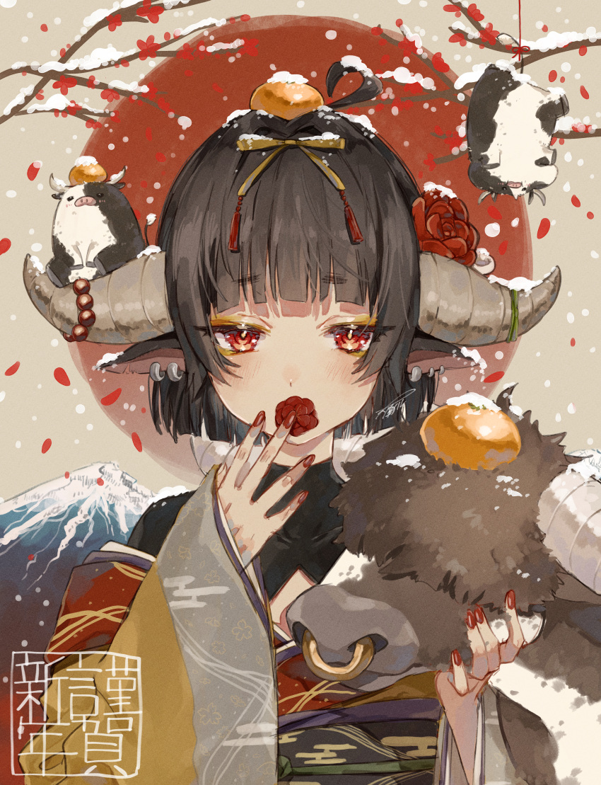 1girl absurdres ahoge animal animal_ears bangs black_hair black_shirt blush brown_kimono bull chinese_zodiac commentary_request covered_collarbone cow_ears cow_girl cow_horns curled_horns ear_piercing egasumi eyebrows_visible_through_hair flower flower_over_mouth food food_on_head fruit grey_background hair_flower hair_intakes hair_ornament hands_up harui_(hr_x9_) highres horns huge_filesize japanese_clothes kimono mandarin_orange nail_polish obi object_on_head off_shoulder original piercing red_background red_eyes red_flower red_nails sash shirt short_hair signature snow solo tree_branch two-tone_background upper_body year_of_the_ox