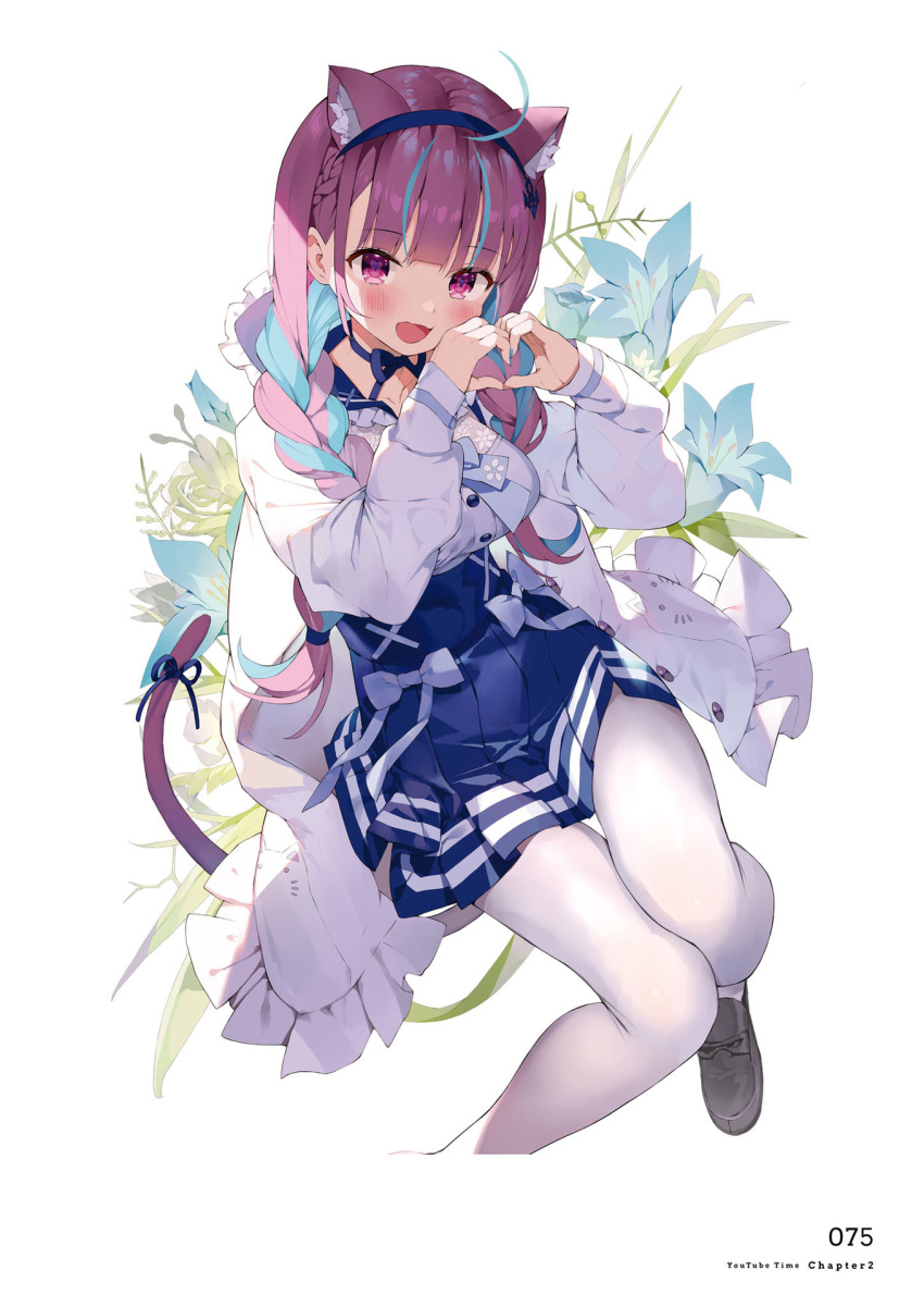 1girl ahoge animal_ears bangs blue_hair blue_nails bow bowtie braid breasts buttons cat_ears cat_tail coat dress eyebrows_visible_through_hair fingernails flower frills full_body gaou_(umaiyo_puyoman) hairband hands_up heart heart_hands highres hololive long_hair long_sleeves looking_at_viewer medium_breasts minato_aqua nail_polish page_number pantyhose purple_hair shiny shiny_hair shoes short_dress simple_background skirt solo tail tied_hair twintails violet_eyes virtual_youtuber white_legwear