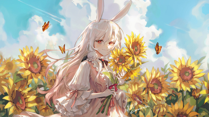 1girl animal_ears bangs blue_sky blush bug butterfly closed_mouth clouds cloudy_sky commission day dress eyebrows_behind_hair field flower flower_field gradient_hair hair_between_eyes highres holding holding_flower insect kellymonica02 long_hair multicolored_hair nail_polish original outdoors pink_dress pink_hair puffy_short_sleeves puffy_sleeves rabbit_ears red_eyes red_nails shirt short_sleeves sky sleeveless sleeveless_dress smile solo sunflower very_long_hair white_hair white_shirt wide_sleeves yellow_flower