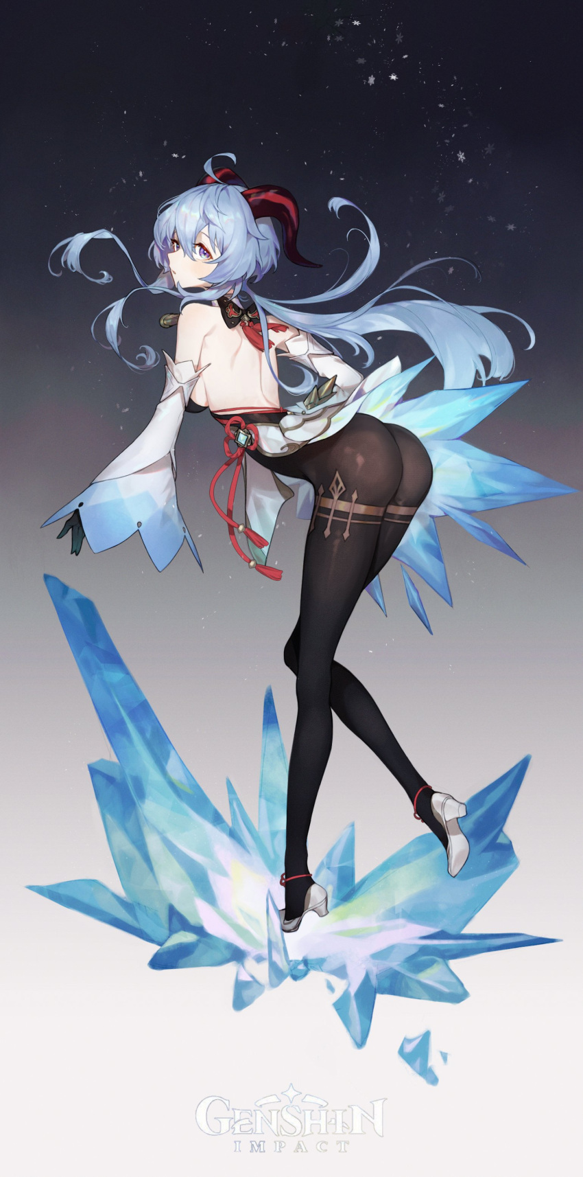 00suger001 1girl absurdres ahoge ass backless_outfit bare_shoulders bell bent_over blue_hair bow breasts cowbell full_body ganyu_(genshin_impact) genshin_impact gloves hair_bow half-closed_eyes high_heels highres ice long_hair long_sleeves looking_at_viewer parted_lips sideboob solo violet_eyes wide_sleeves