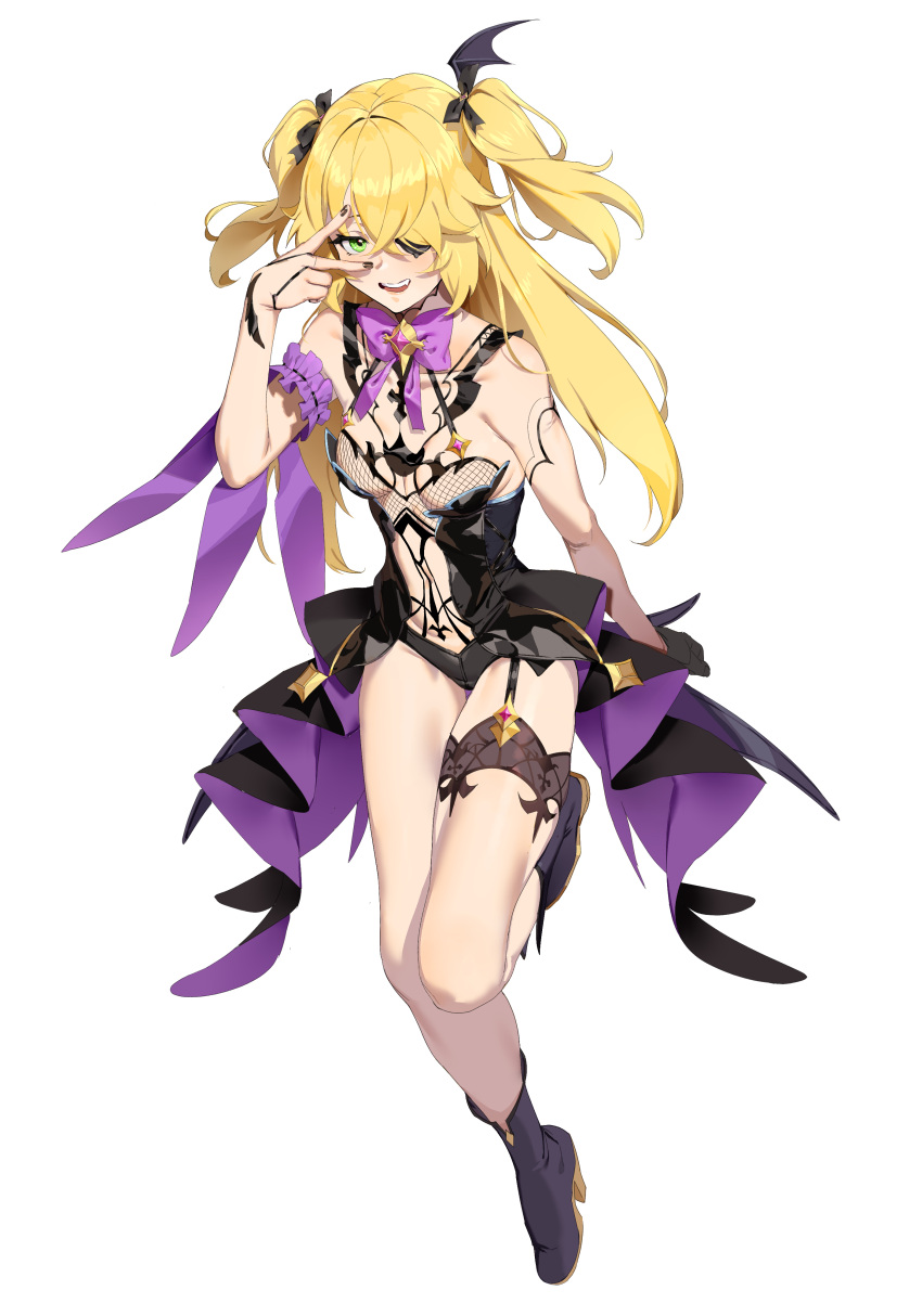 1girl absurdres bangs bare_shoulders blonde_hair blush bodystocking boots bow breasts eyepatch fischl_(genshin_impact) full_body gdd_(vkejr702) genshin_impact gloves green_eyes hair_over_one_eye highres legs long_hair looking_at_viewer medium_breasts open_mouth purple_bow purple_neckwear simple_background single_glove single_leg_pantyhose single_thighhigh smile thigh-highs two_side_up white_background