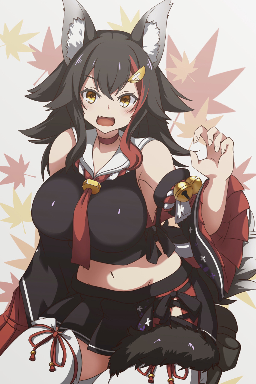 1girl absurdres animal_ear_fluff animal_ears autumn_leaves bell black_hair breasts choker commentary_request cowboy_shot den_noko detached_sleeves fang flipped_hair hair_ornament highres hololive jingle_bell kouhaku_nawa large_breasts leaf leaf_background long_hair looking_at_viewer midriff multicolored_hair navel neckerchief ookami_mio open_mouth pleated_skirt red_choker red_neckwear redhead sailor_collar sailor_shirt shirt sitting skin_fang skirt solo streaked_hair thigh-highs virtual_youtuber white_legwear wide_sleeves wolf_ears yellow_eyes