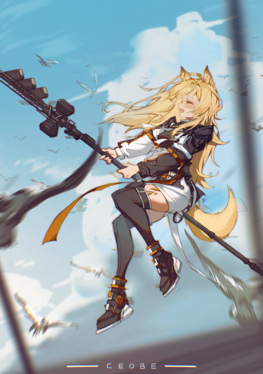 1girl animal_ears arknights bird black_jacket black_legwear black_shirt blonde_hair blue_sky blush breasts ceobe_(arknights) character_name closed_eyes clouds cloudy_sky commentary dated_commentary day dog_ears dog_tail fang flp_30 from_side highres holding holding_staff jacket jumping long_hair long_sleeves medium_breasts miniskirt motion_blur open_mouth oripathy_lesion_(arknights) outdoors profile shirt skin_fang skirt sky smile solo staff tail thigh-highs thighs two-tone_jacket white_jacket white_skirt